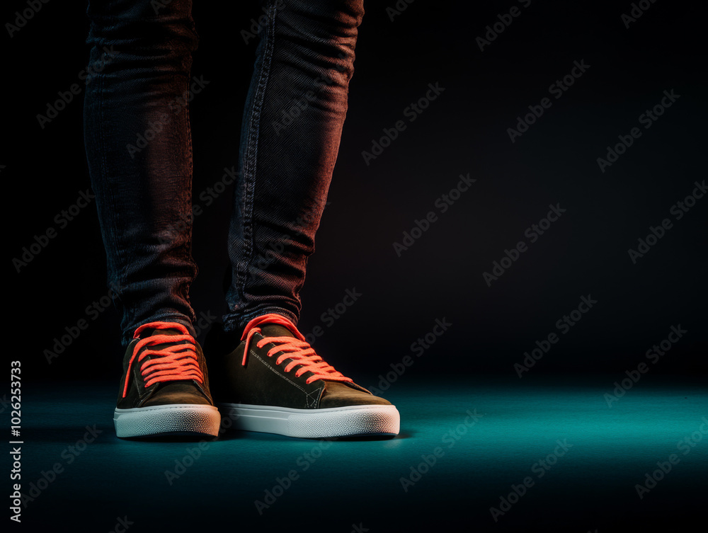 Person standing confidently in stylish sneakers on a dark background with colored lighting Person standing confidently in stylish sneakers on a dark background with colored lighting