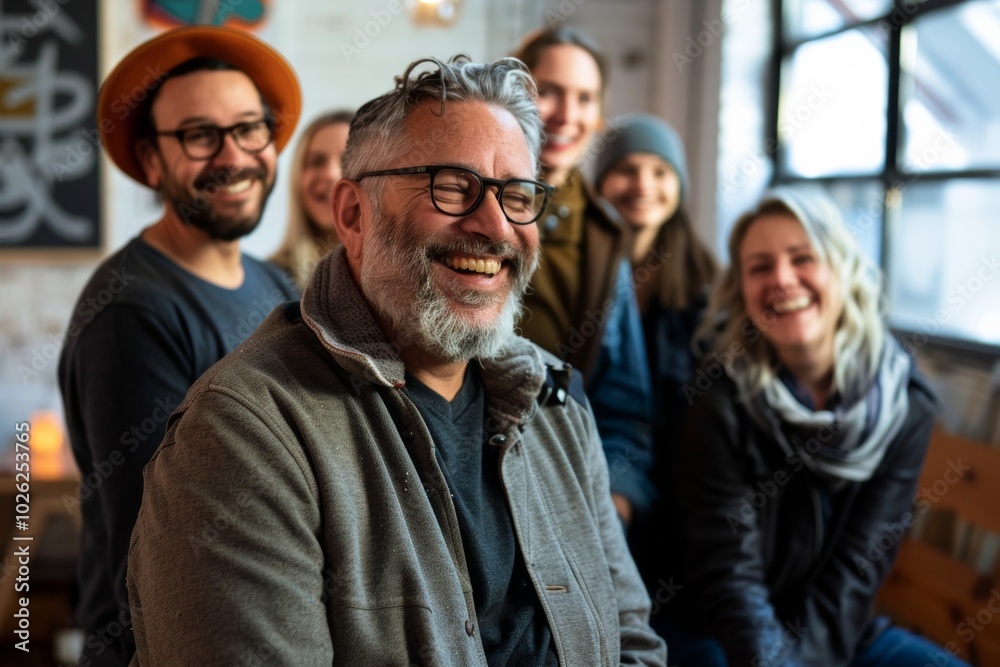 Portrait of smiling senior man with group of friends in background. Portrait of smiling senior man with group of friends in background.