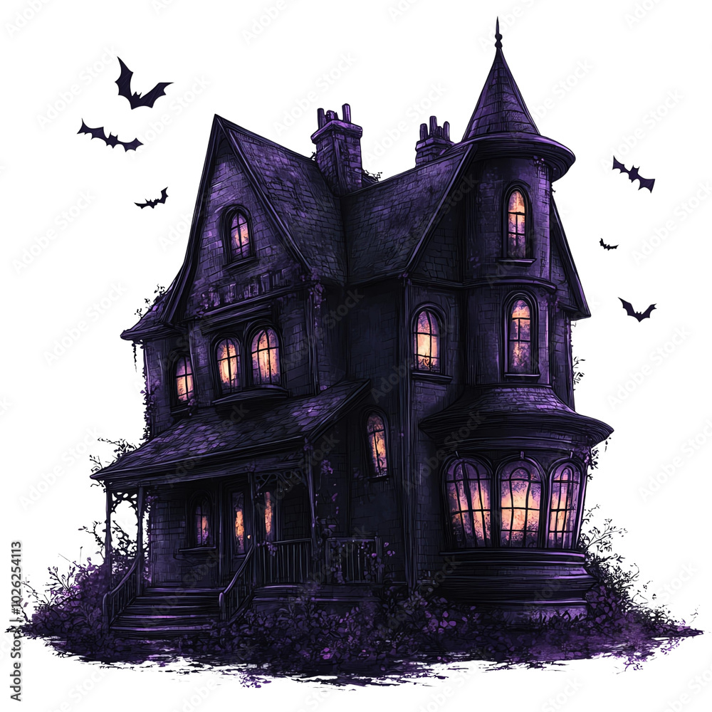 A spooky, dark and mysterious Victorian house with bats flying around it. A spooky, dark and mysterious Victorian house with bats flying around it.