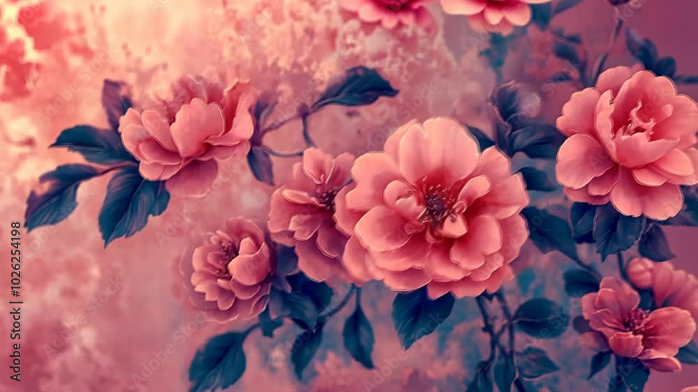 Pink flowers bloom on a bush, surrounded by a soft, pink glow Pink flowers bloom on a bush, surrounded by a soft, pink glow