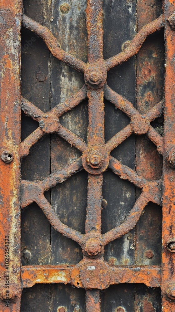 Rusty iron lattice on weathered wooden door showcases intricate geometric patterns, embodying the fusion of medieval craftsmanship and time's relentless decay. Rusty iron lattice on weathered wooden door showcases intricate geometric patterns, embodying the fusion of medieval craftsmanship and time's relentless decay.
