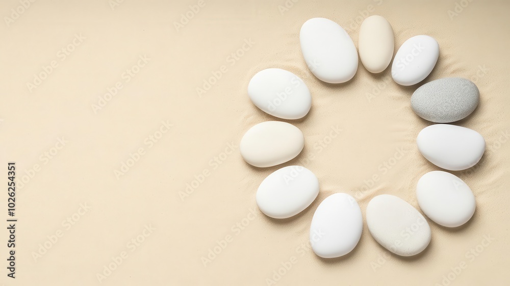 A set of smooth white stones arranged in a circle on sand, minimalist and balanced, soft shadows, realistic textures A set of smooth white stones arranged in a circle on sand, minimalist and balanced, soft shadows, realistic textures