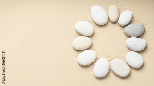 A set of smooth white stones arranged in a circle on sand, minimalist and balanced, soft shadows, realistic textures