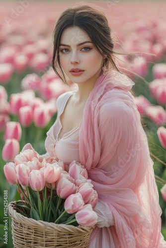 A woman holding a basket of pink tulips in a vibrant flower field during sunset
