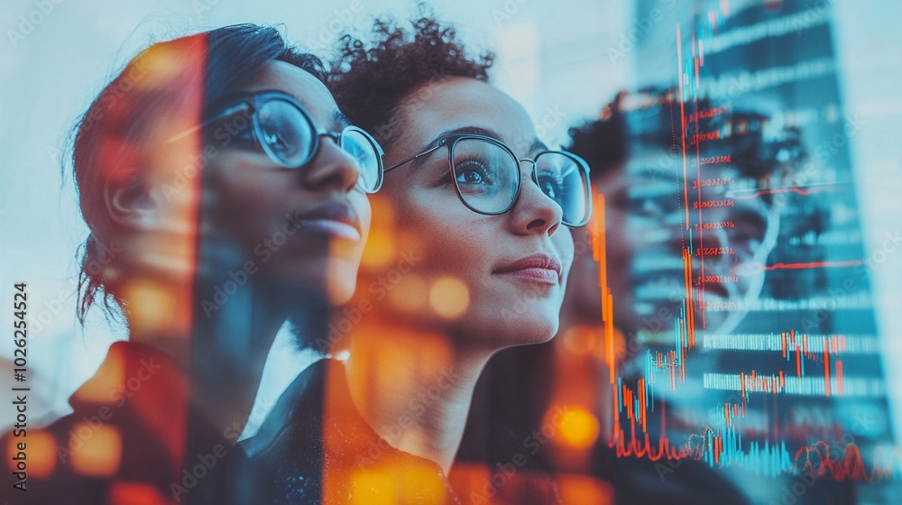 Ambitious professionals gaze at city skyline through window, reflecting determination and aspiration. Vibrant light reflections add dynamic energy to scene.