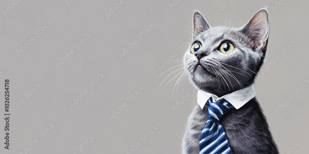 Obraz premium Grey kitten in a blue white tie sitting on a grey background for ads. Domestic animal services promotion. Cool realistic ad. Grey kitten in a blue white tie sitting on a grey background for ads.