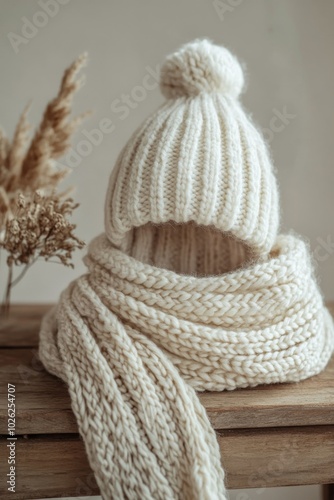 Cozy cream knit hat and scarf set displayed on a wooden table against a neutr...