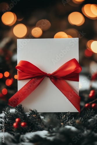 A beautifully wrapped gift with a red ribbon amid festive decorations on a co...
