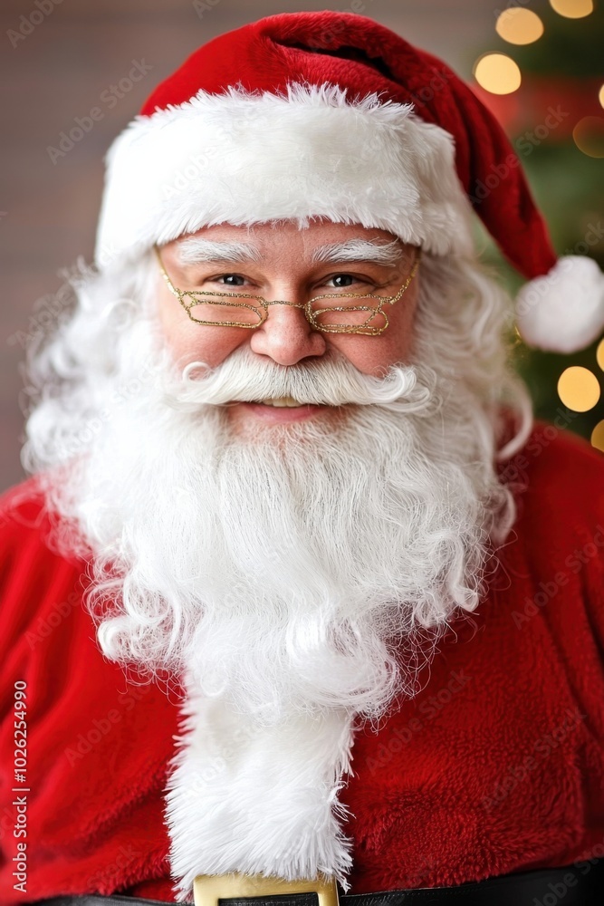 Naklejka premium Cheerful Santa Claus with glasses, festive background decorations.