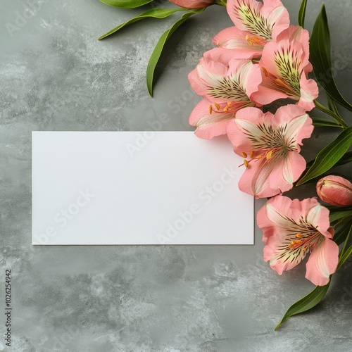 Delicate pink flowers arranged beside a blank card on a textured dark surface