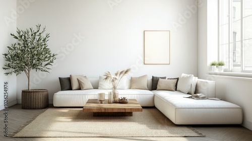 A simple, minimalist living room with a natural wood coffee table and a white corner sofa, offering a serene, modern aesthetic with clean