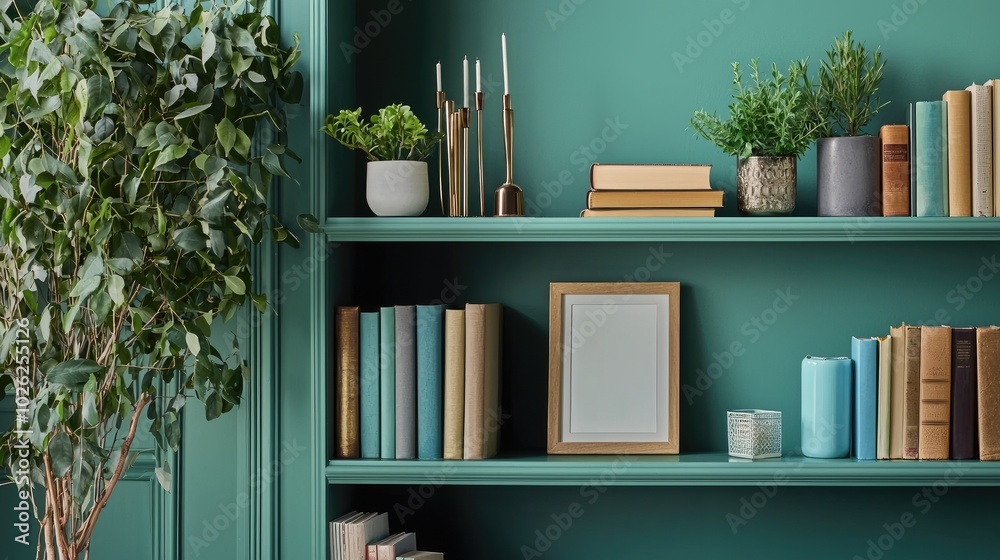 A neatly organized bookshelf filled with a variety of colorful books and decorative items like plants and photo frames. A neatly organized bookshelf filled with a variety of colorful books and decorative items like plants and photo frames.