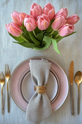 Elegant dining table setting with tulips, pastel plates, and gold cutlery for...
