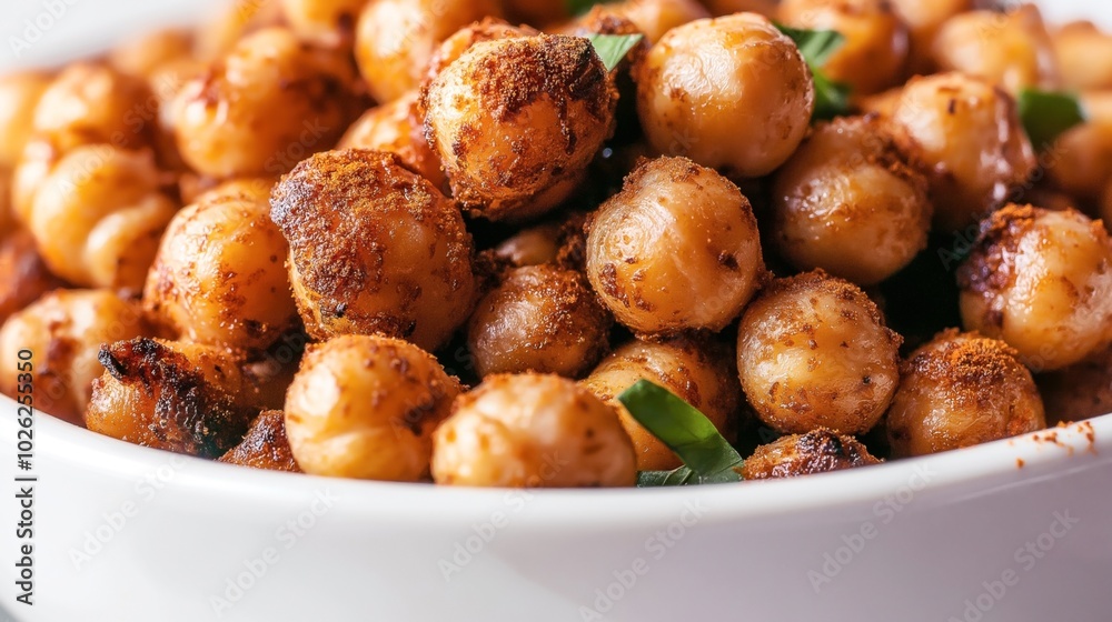 Close-up of roasted chickpeas with spices in a white bowl, featuring a savory and crunchy texture with visible seasoning and garnished with small green leaves.