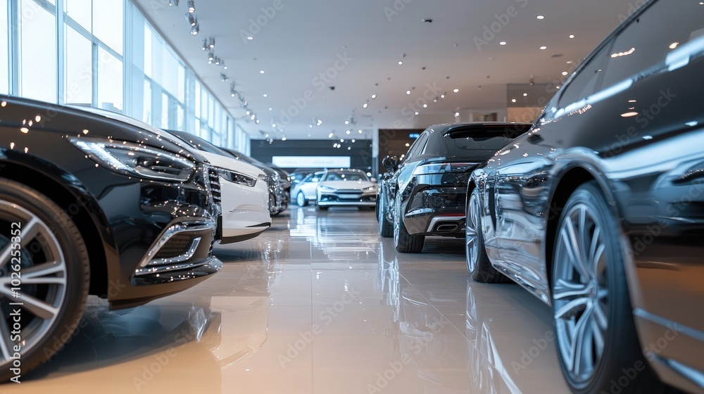 A sleek modern car dealership interior with shiny new vehicles on display, bright lighting, and minimalist showroom A sleek modern car dealership interior with shiny new vehicles on display, bright lighting, and minimalist showroom