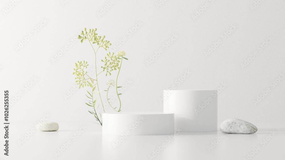 Obraz premium Background featuring an empty product display mockup with a white backdrop and abstract geometric platforms designed for showcasing merchandise in landscape orientation.