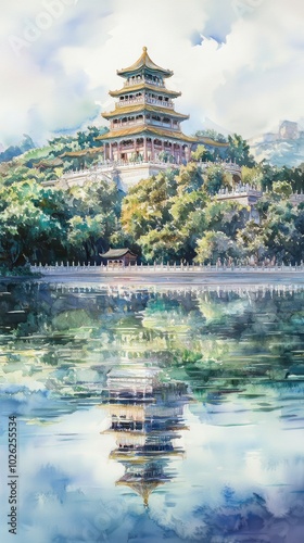 Serene landscape with a traditional pagoda reflection