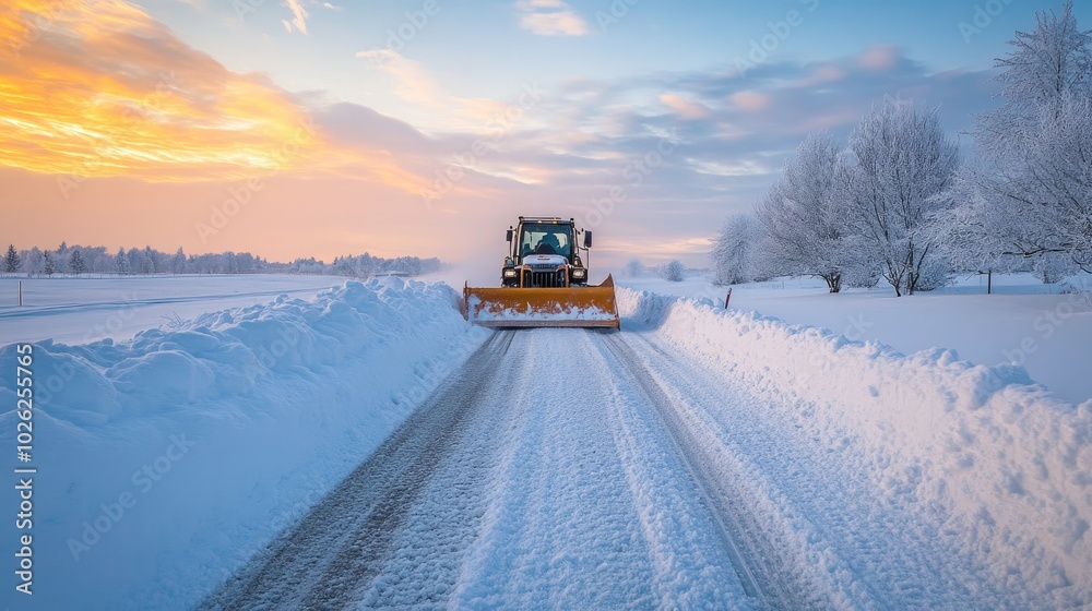 A snow-covered road in a rural area being cleared with a plow, with snowbanks building up along the sides and a frosty winter sky above. A snow-covered road in a rural area being cleared with a plow, with snowbanks building up along the sides and a frosty winter sky above.