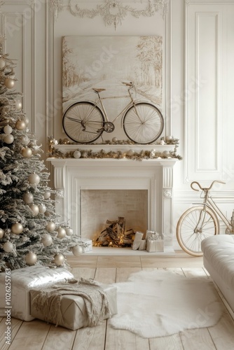 Cozy living room with a Christmas tree and a vintage bicycle above a warm fir...