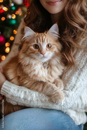 A woman holds an adorable orange tabby cat while surrounded by Christmas deco...