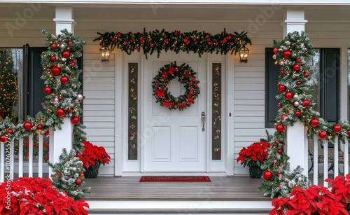 Beautifully decorated front porch with festive wreaths, poinsettias, and holi...