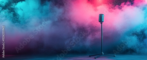 A vintage microphone on a stand surrounded by colorful smoke at a music venue