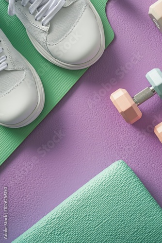 Bright workout space featuring pastel weights and sneakers on exercise mats
