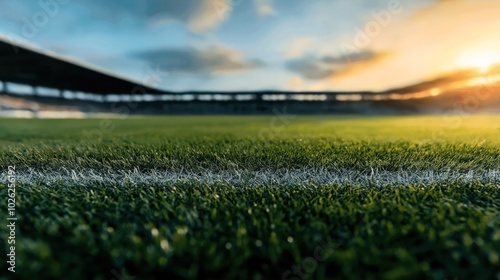 Close-up view of a football field with green grass and white line markings, under a clear sky with the sun setting in the background.