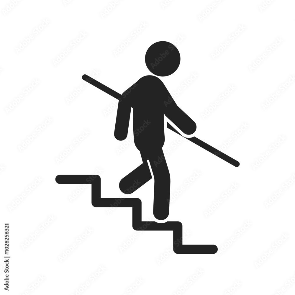 Isolated caution sign use handrail on stairs, indoor building safety label Isolated caution sign use handrail on stairs, indoor building safety label