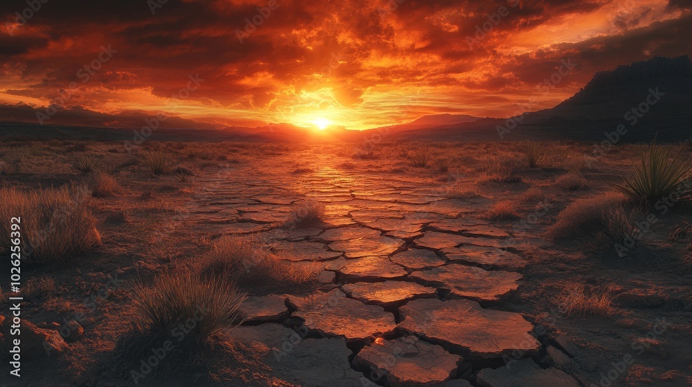 A Sun-Drenched Path Through a Cracked Desert Landscape at Sunset A Sun-Drenched Path Through a Cracked Desert Landscape at Sunset