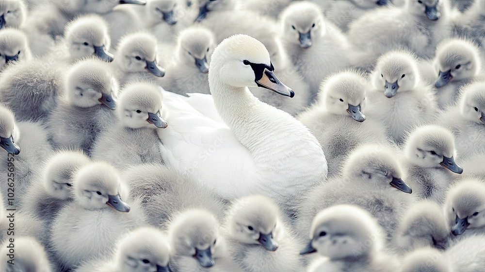 Obraz premium A striking swan amidst a sea of fluffy ducklings, symbolizing individuality and grace, while standing out in the crowd.