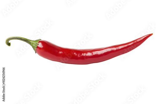 Red chili pepper placed diagonally, casting a faint shadow, with a smooth, elongated shape and green stem at the tip.