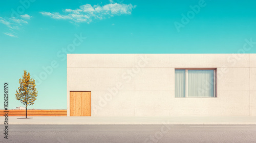 Modern architectural design of a minimalist house with a tree on a clear day