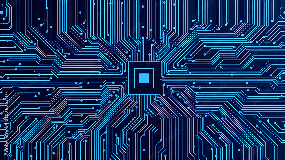 Complex blue circuit pattern with a central chip, Generative AI Complex blue circuit pattern with a central chip, Generative AI