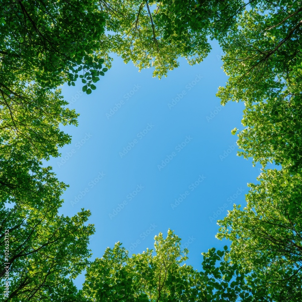 Fototapeta premium Green trees forming a natural frame around a clear blue sky.