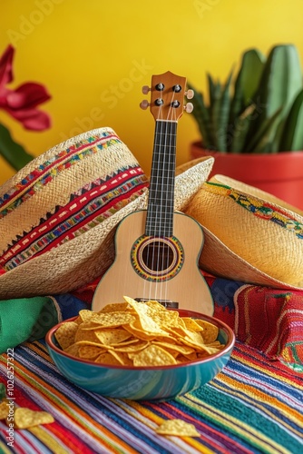Colorful setting featuring a ukulele, sombrero, and a bowl of chips on a vibr...