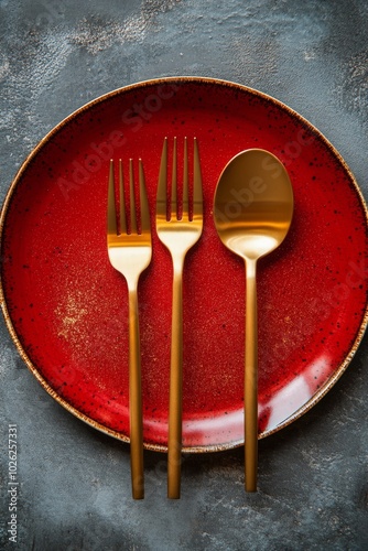 Elegant red plate set with golden fork and spoon arranged on a textured gray ...