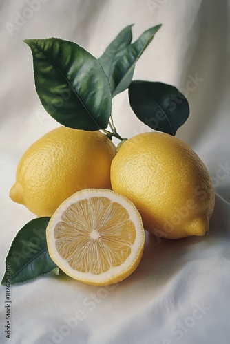 Fresh lemons with green leaves arranged on a speckled surface in natural ligh...
