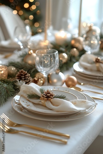 Elegant dining table setting with festive decor and golden cutlery for a holiday celebration