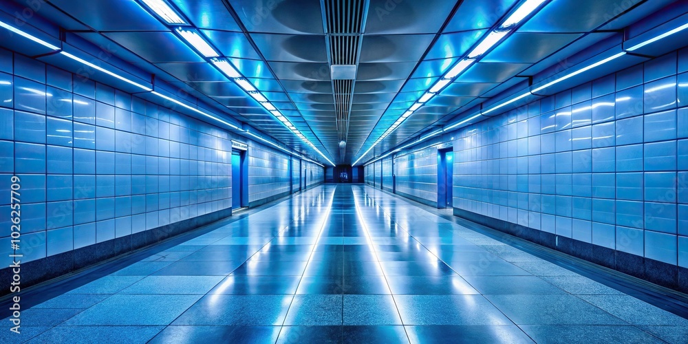 Minimalist underground subway staircase with tungsten and blue lighting
