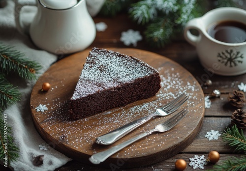A delicious slice of chocolate cake served with coffee during winter relaxation