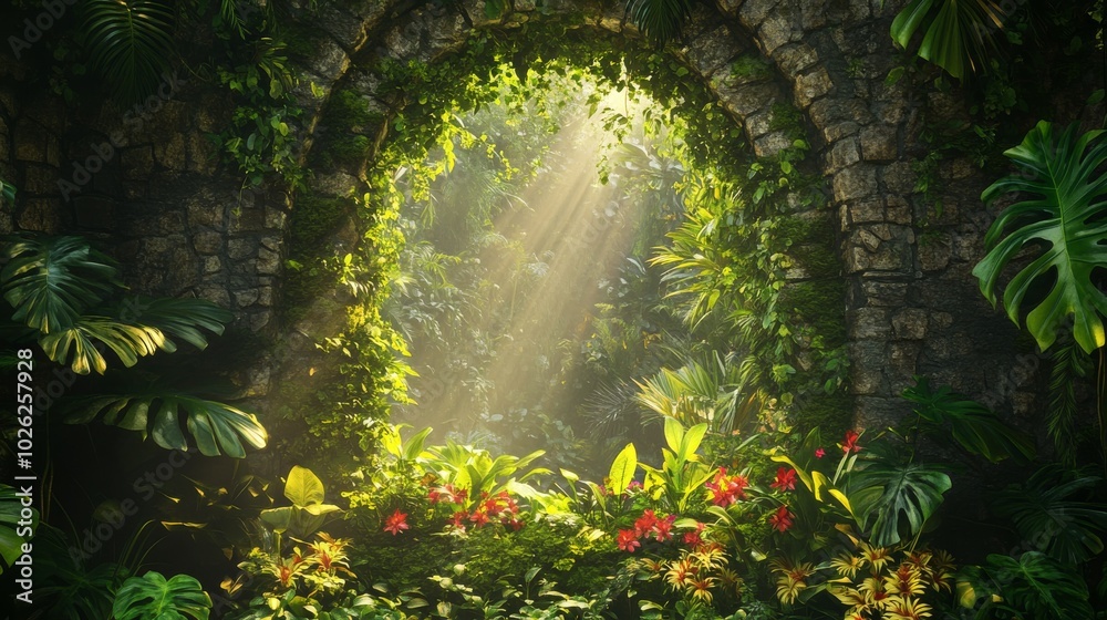 Fototapeta premium Stone Archway Leading Into a Sunlit Rainforest