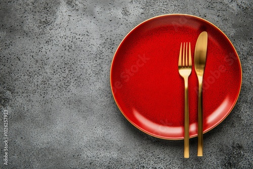 Elegant red plate with gold cutlery set against a textured gray background