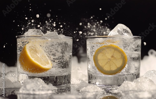 Refreshing citrus drinks with ice and lemon slices in a lively setting