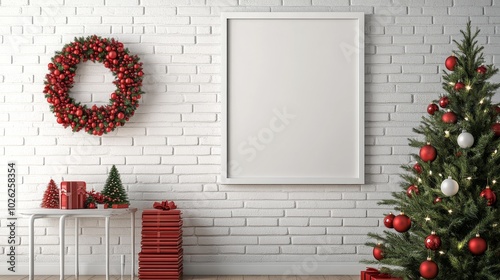 Cozy living room decorated for the holidays with a Christmas tree, wreath, an...