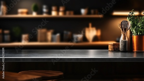 Modern kitchen interior with dark countertop, potted herbs, and decorative jars. Blurred background of shelves with kitchen utensils and containers.