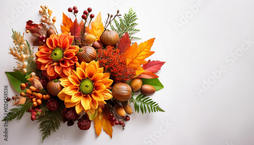 Fall flower bouquet with autumn decor decorations and flowers on white background banner. photo