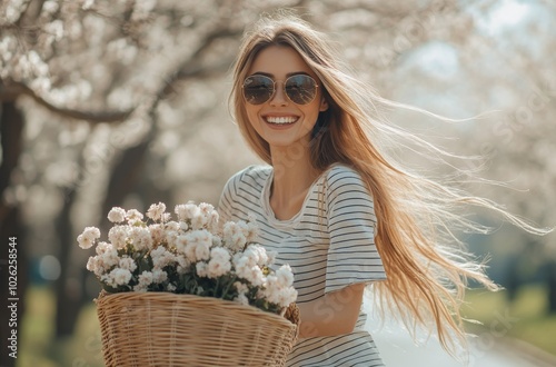 Smiling woman riding bicycle with a basket of flowers on a sunny day in a blo...