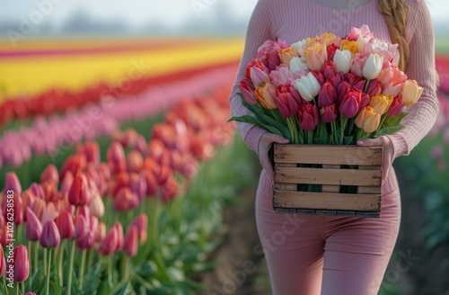 Woman walks through a vibrant tulip field while holding a basket of colorful ...