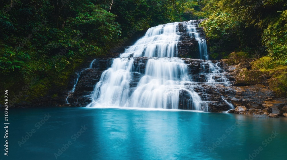 Serene waterfall cascading into a turquoise pool surrounded by lush greenery. Serene waterfall cascading into a turquoise pool surrounded by lush greenery.